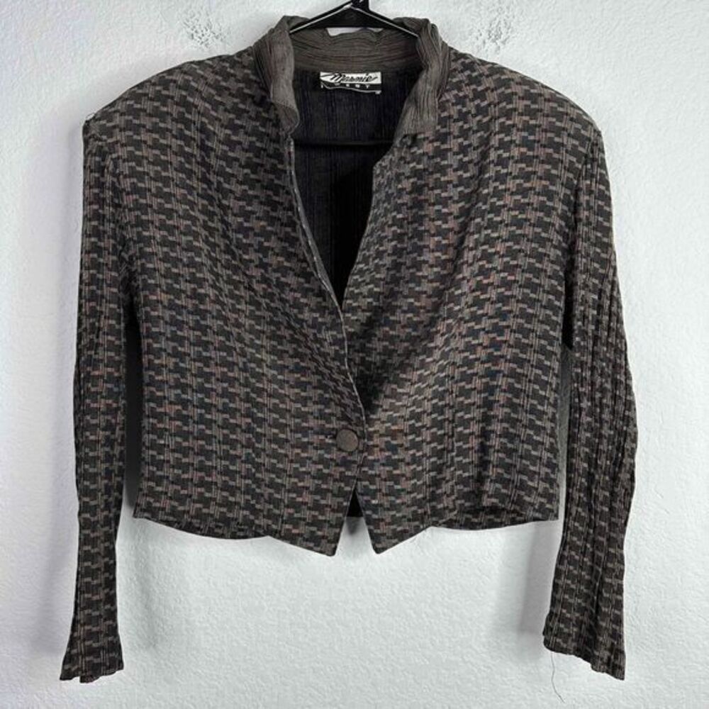 Vintage Marnie West Womens Medium Herringbone Retro Shoulder Pads Cropped Blazer